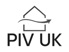 PIV UK corporate logo featuring a minimalist house outline and a fluid airflow arrow graphic representing home ventilation and air quality solutions.