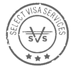 Select Visa Services corporate logo designed as a circular passport ink stamp featuring an SVS monogram emblem and three stars for immigration and travel services branding showcases.