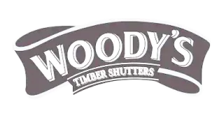Woody's Timber Shutters corporate logo featuring a wavy ribbon background and stylized vintage block lettering for business branding portfolios.
