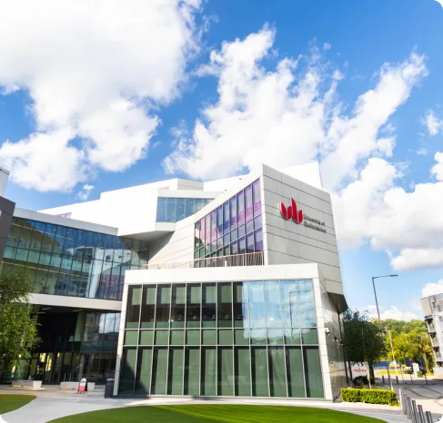 Modern campus building design featuring the University of Bedfordshire logo, used as a case study image for the MSc AI in Digital Marketing curriculum development project.