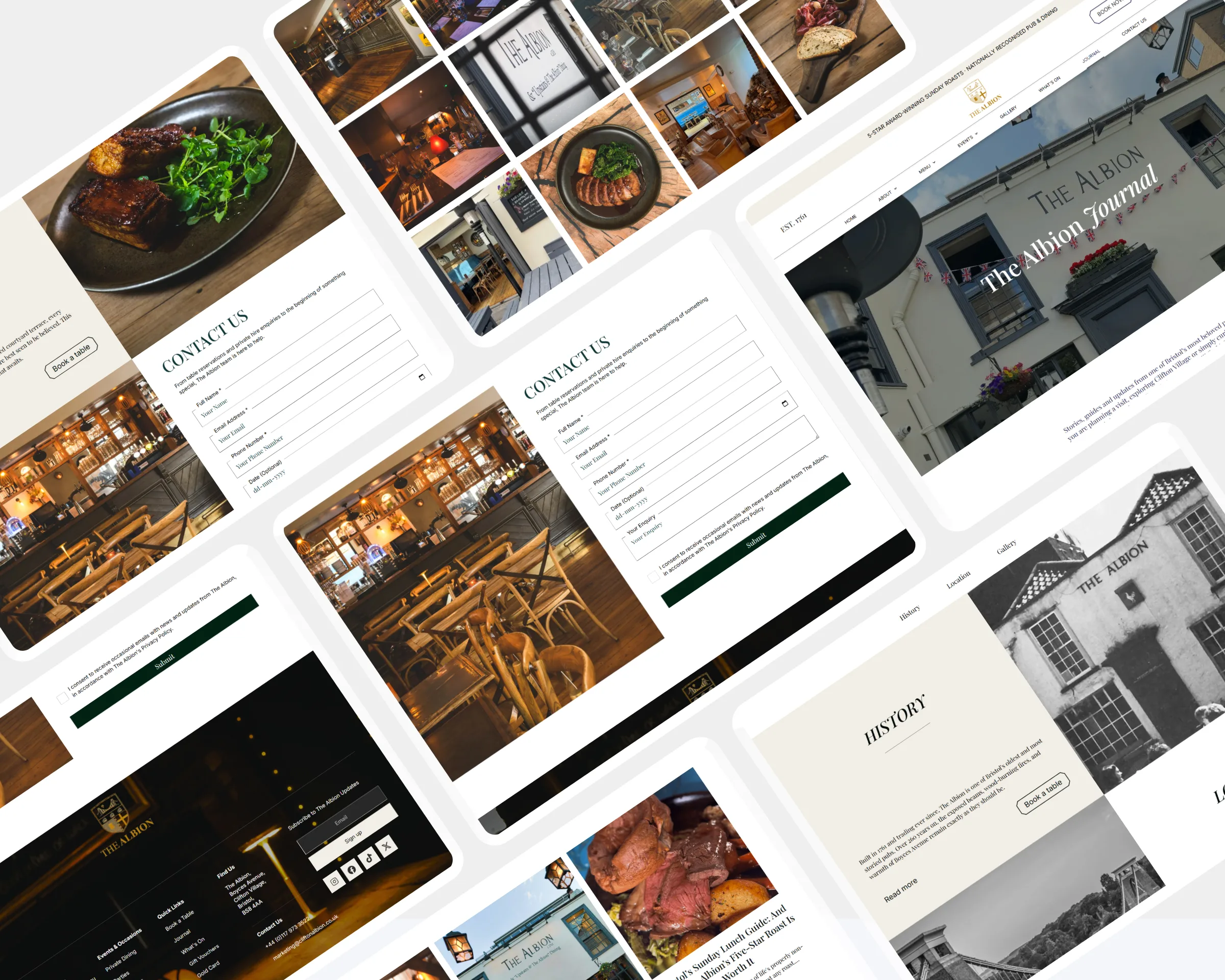 Collage of multiple The Albion Bristol website pages including a food dish close-up, pub interior photography, photo gallery, contact form, The Albion Journal blog section, pub exterior, history page, and site footer across overlapping screen panels