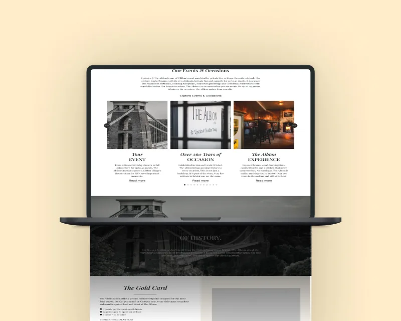 Laptop displaying The Albion Bristol website events and occasions page with sections covering private hire, the pub's 260-year history, The Albion experience, and The Gold Card membership programme on a warm yellow background