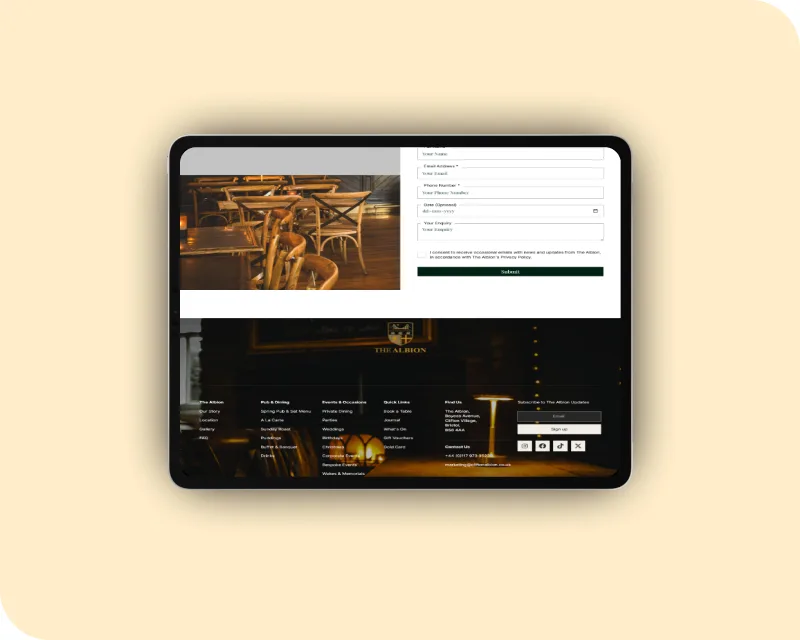 Tablet displaying The Albion Bristol website contact form alongside the pub's full site footer featuring navigation links, address details, social media icons, and a newsletter sign-up field on a warm yellow background