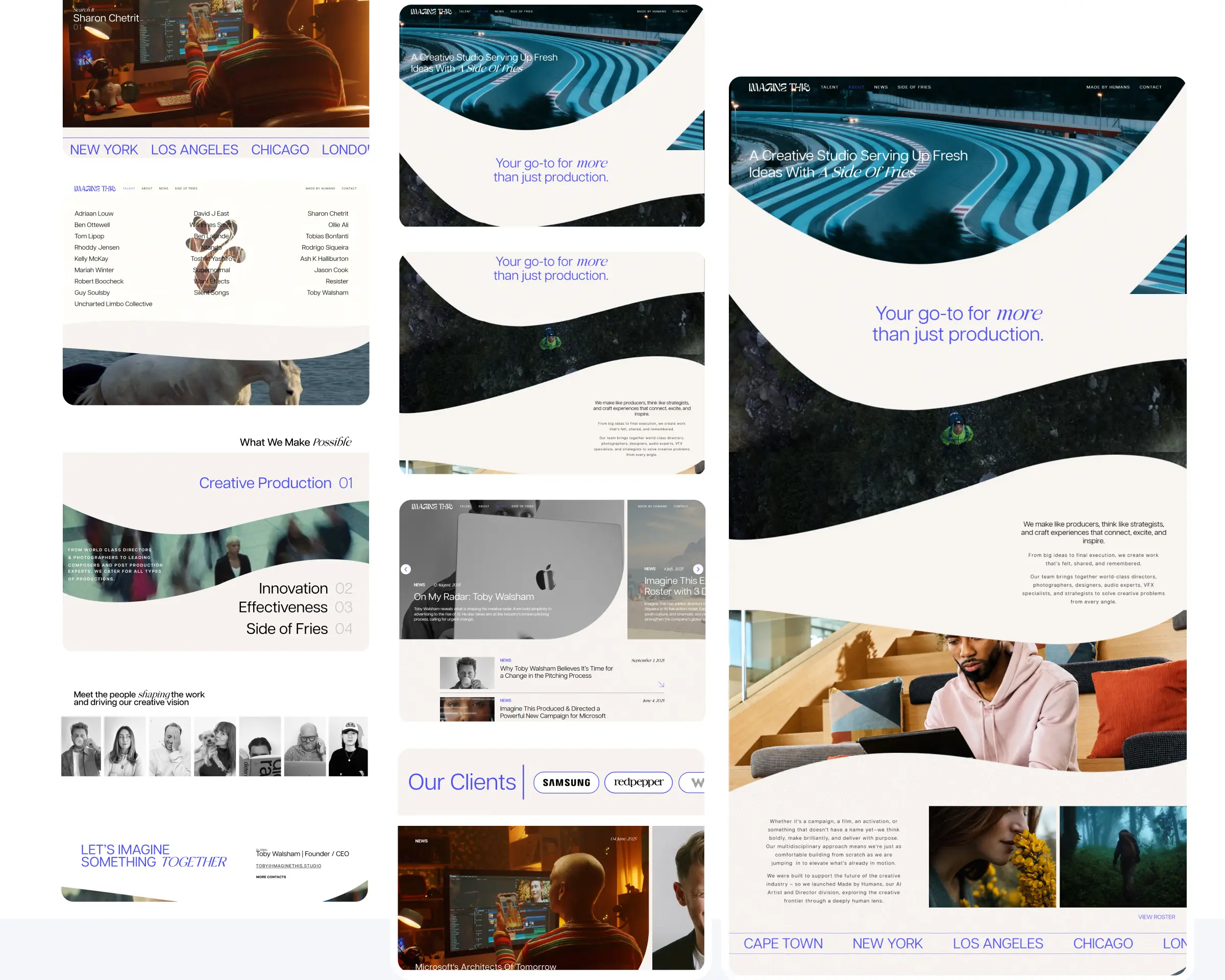 Collage of Imagine This website pages including the talent roster, creative production services, news section, client logos, team portraits, homepage hero, and global office locations across overlapping screen panels