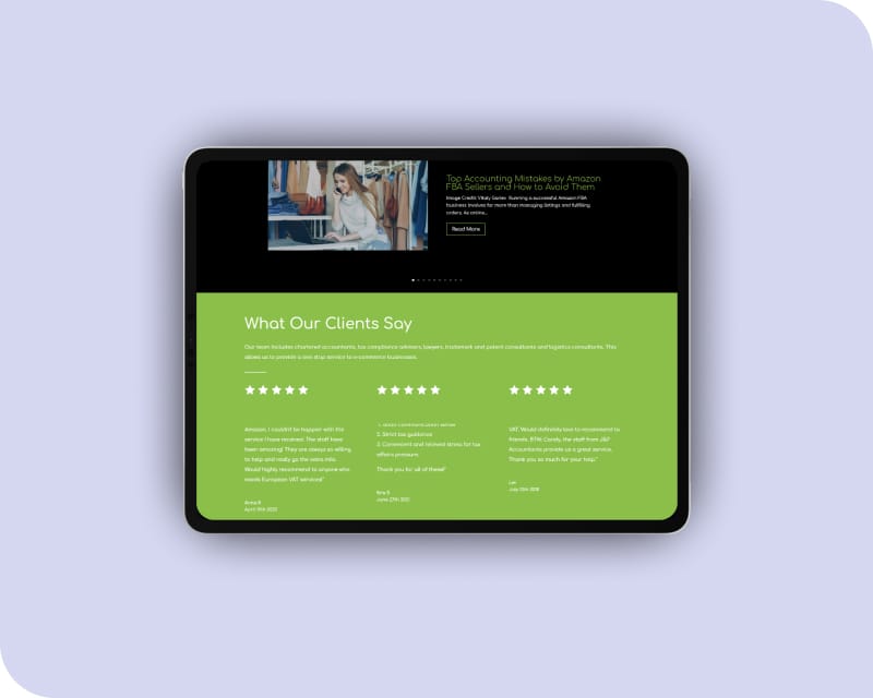 Tablet displaying the J&P Accountants website showing a five-star client testimonials section with three customer reviews and a featured blog post on top accounting mistakes for Amazon FBA sellers on a light purple background