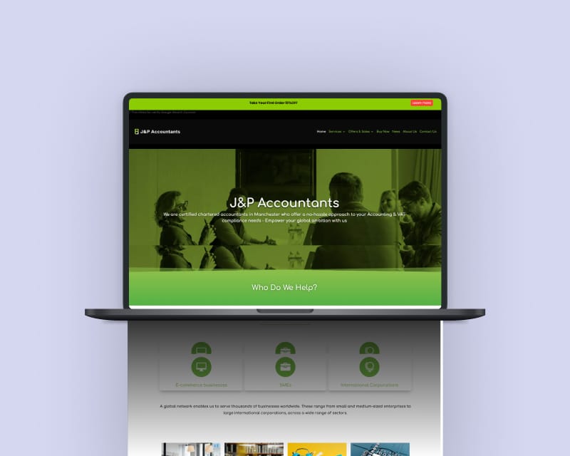 Laptop displaying the J&P Accountants homepage hero with chartered accountants in Manchester messaging, a who do we help section covering e-commerce businesses, SMEs and international corporations, and a 10% off promotional banner on a light purple background