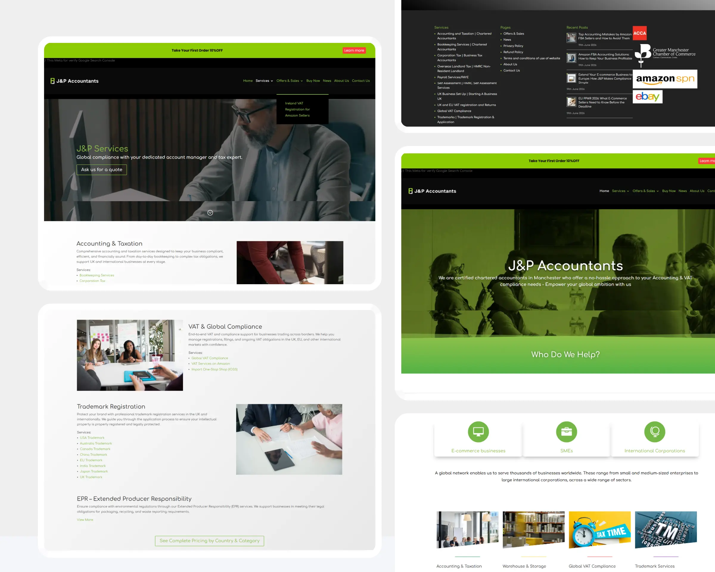 Collage of J&P Accountants website pages including accounting and taxation, VAT and global compliance, trademark registration, EPR services, the homepage hero with chartered accountants messaging, a who do we help section covering e-commerce businesses, SMEs and international corporations, and partner logos including ACCA, Amazon SPN, and eBay