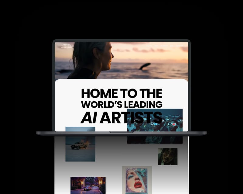 Laptop displaying the Made by Humans homepage hero with the headline "Home to the World's Leading AI Artists" and a selection of AI-generated portfolio images displayed below on a dark background