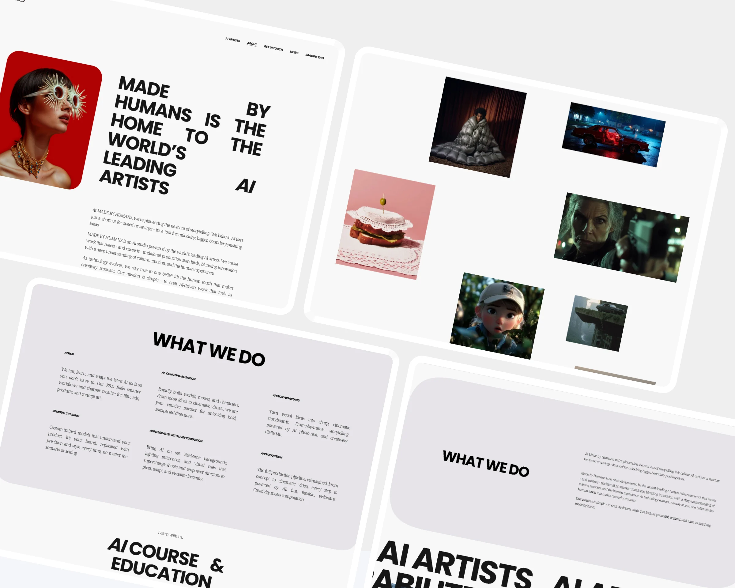 Collage of Made by Humans website pages including the about page, what we do section covering AI conceptualisation, storyboarding and production, an AI artist portfolio gallery, and an AI course and education section