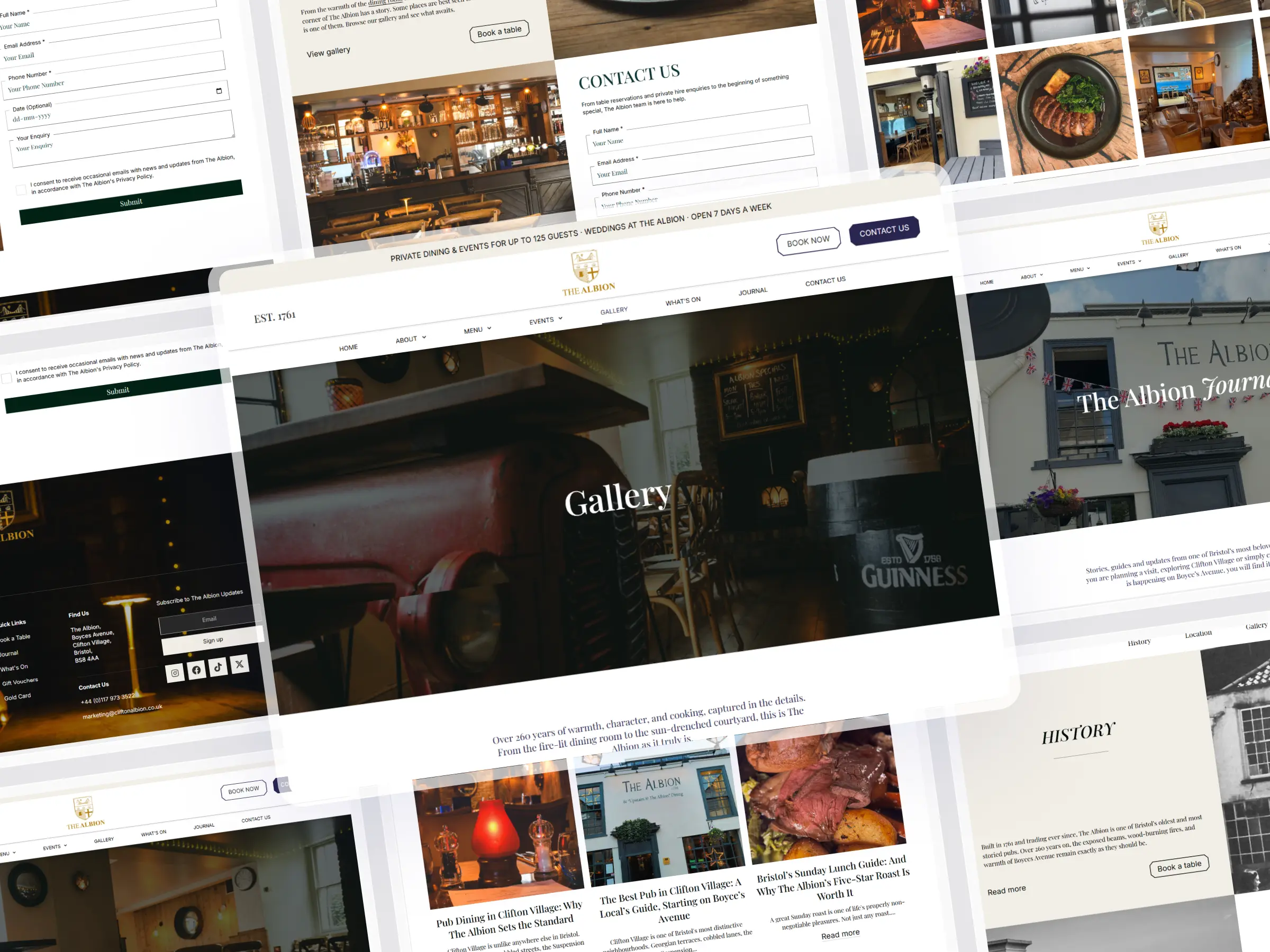 Collage of The Albion Bristol website pages including the gallery, contact form, journal, history section, blog posts, site footer, and pub exterior across overlapping screen panels